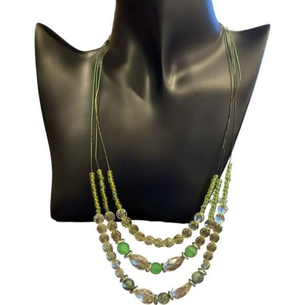 Invisible Multistrand Green Beaded Necklace With Lobster Clasp Closure Adjustabl